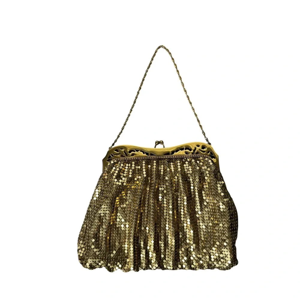 Whiting & Davis Vintage Gold Mesh Evening Bag Filigree Frame Clutch Made in USA